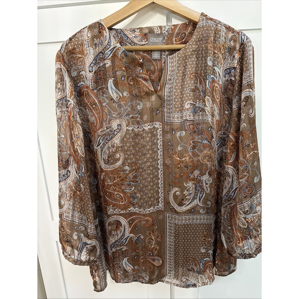 Chicos Top Shirt Blouse Womens Size 3 US XL Brown Paisley Sheer Light V Neck - Picture 1 of 9